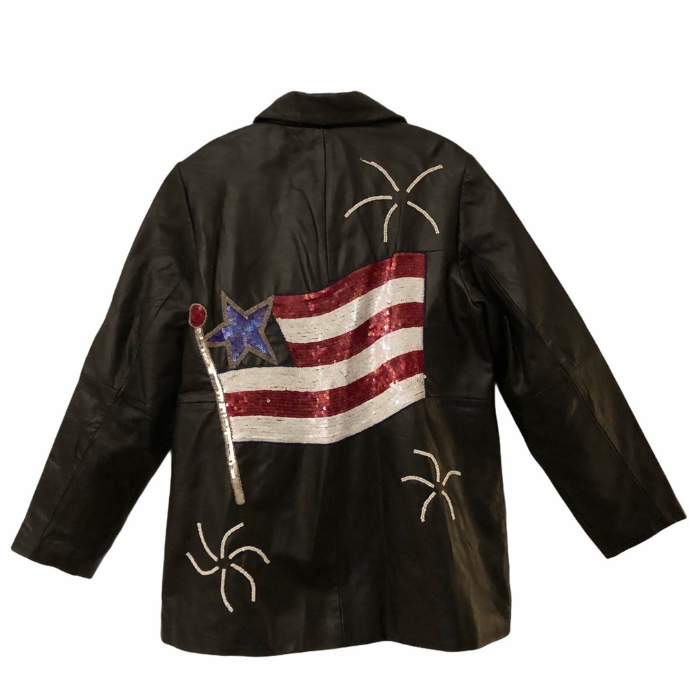 NEW Quacker Factory Black Leather American Flag Sequin Bead Coat L